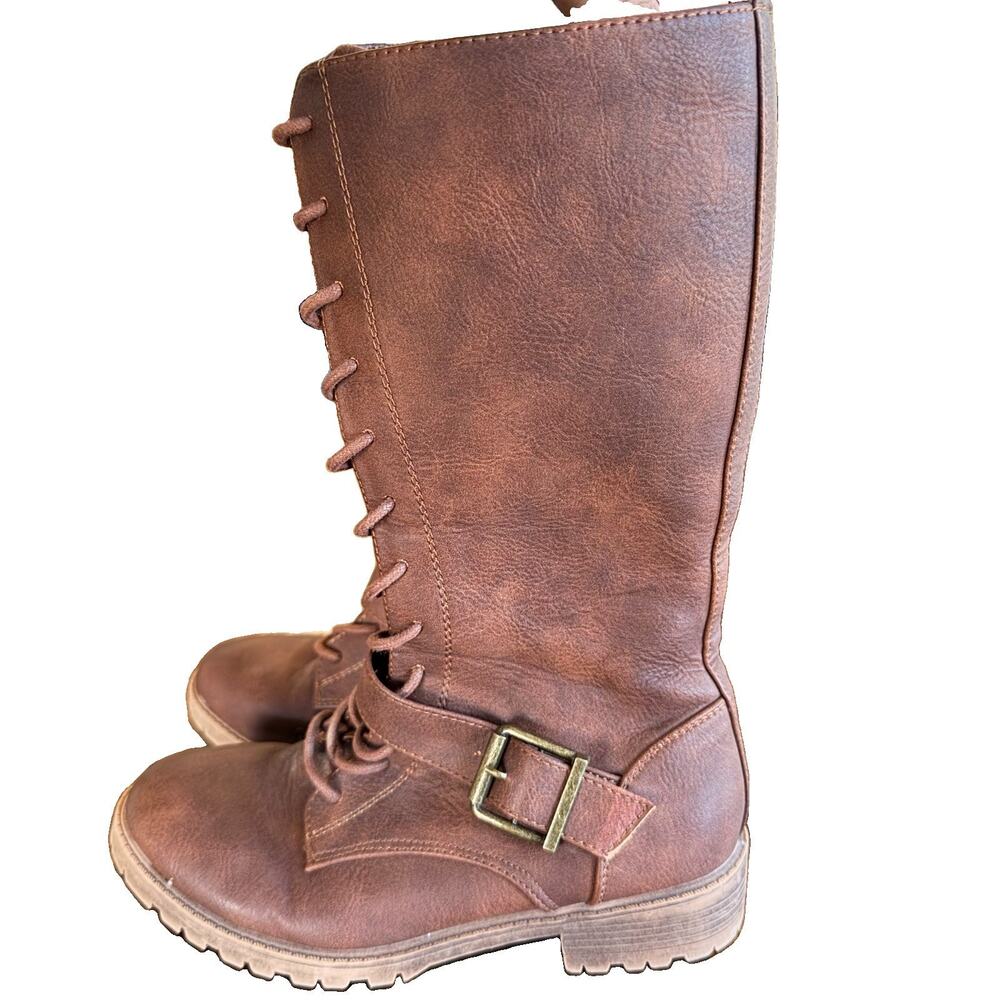 Steve Madden JYARROW Brown Combat Boots Mid Calf Buckle Girls Size 3M